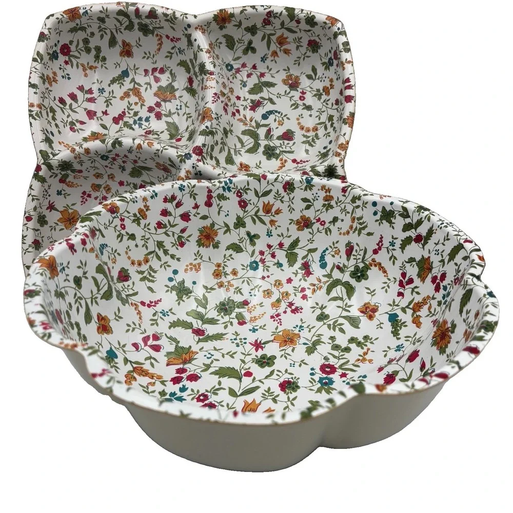 Vintage Plastic Floral Divided Tray & Matching Bowl Picnic Cottagecore